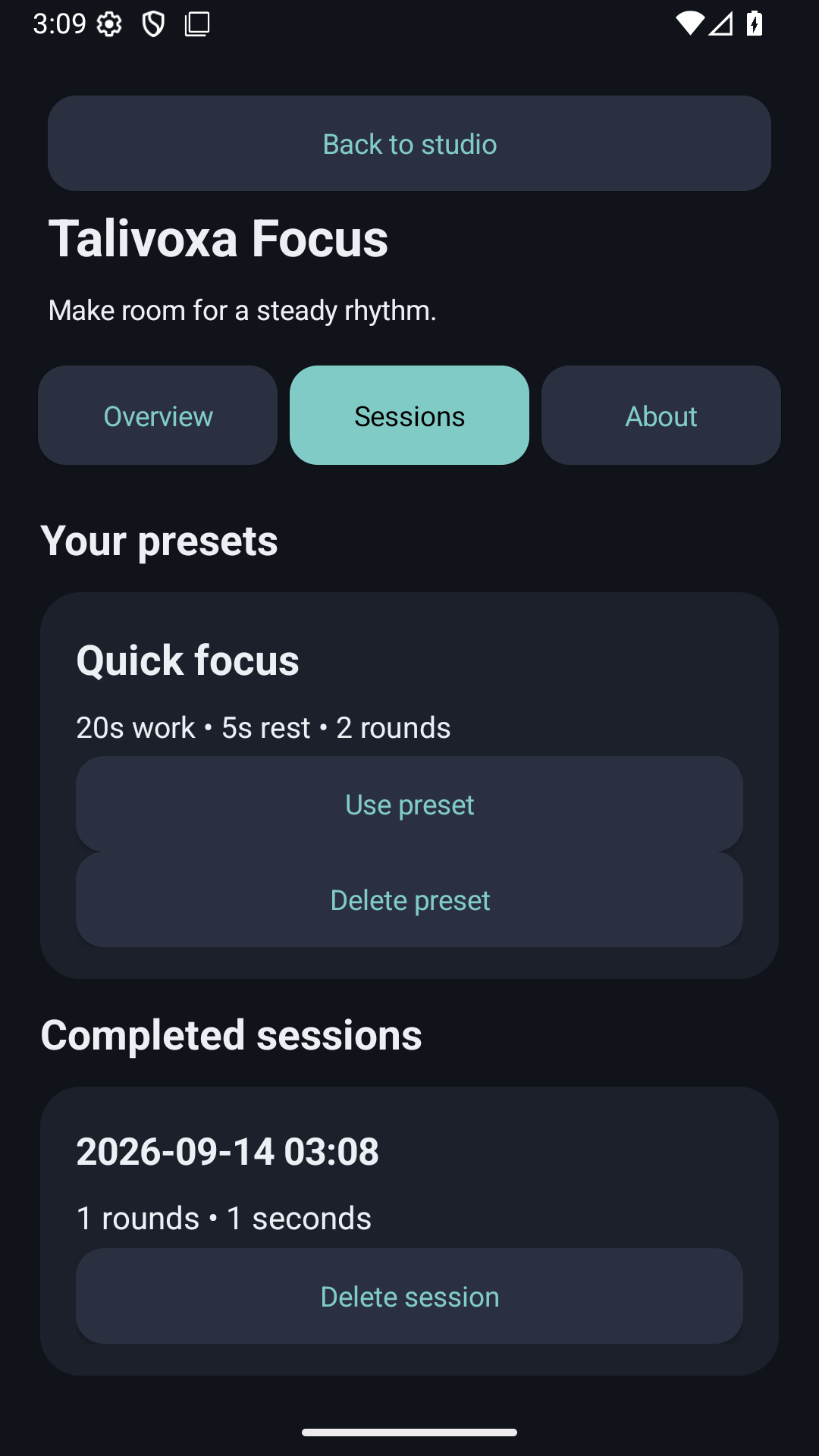 Talivoxa Focus app screen